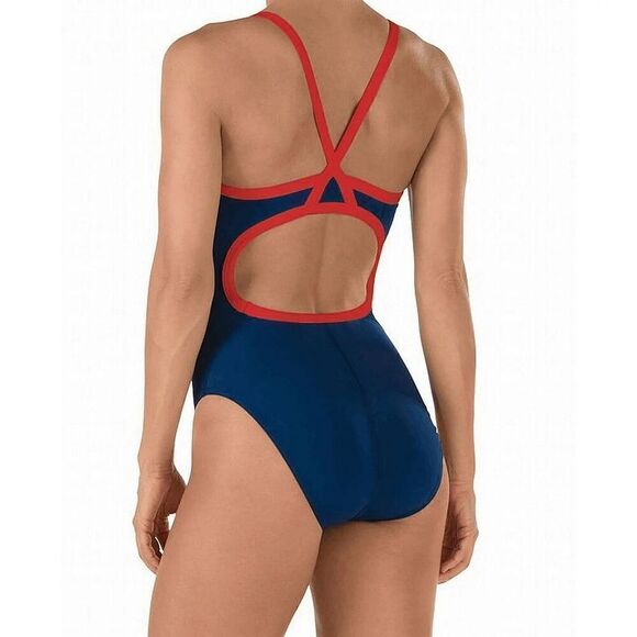 Speedo Navy Blue Red Endurance Thin Strap One Piece Sport Swim 6/32 Med NWT - Picture 8 of 9